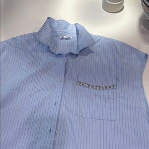 Zara Sky Blue Pinstripe Sleeveless Dress Shirt with Crystal Pocket Trim
